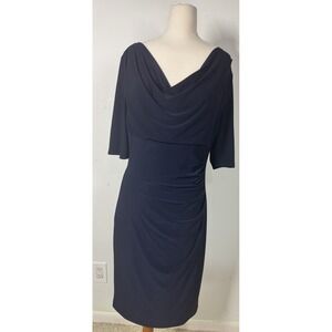 Lauren Ralph Lauren Navy Cowl Neck Ruched 3/4‎ Sleeve Cocktail Midi Dress Sz 10